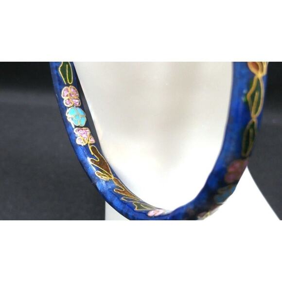 Vintage Cloisonné Bangle Bracelet, Blue Pink Floral Enamel, Asian 1960s, 8 3/4" - Picture 4 of 12